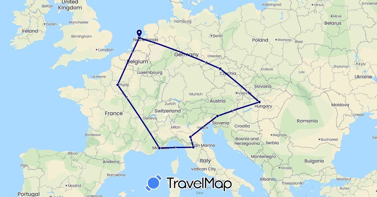 TravelMap itinerary: driving in Czech Republic, France, Hungary, Italy, Netherlands, Slovenia (Europe)